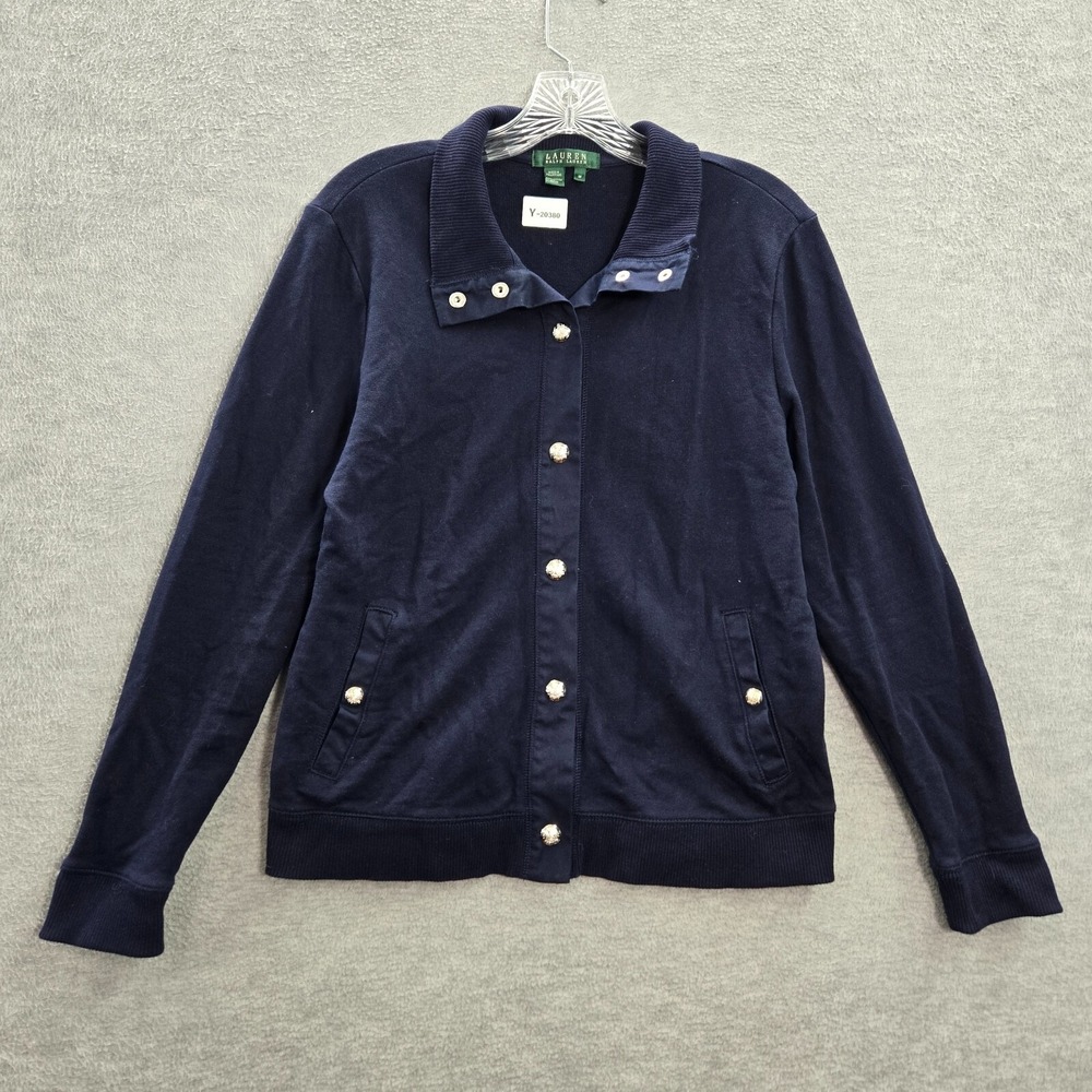 Lauren Ralph Lauren Women Jacket Medium Blue Cardigan Pockets Collar Long Sleeve